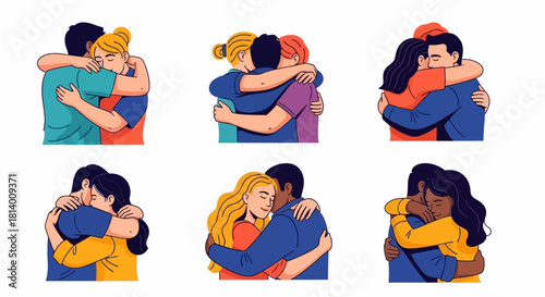 Diverse couples and friends embracing each other in a warm and comforting hug, symbolizing connection and support.
