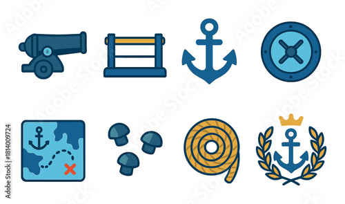 Nautical icons: anchor, cannon, map, rope, wheel, mushrooms, crown