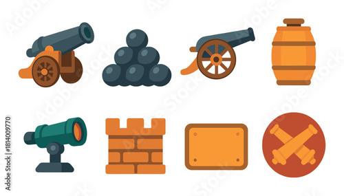 Colorful cannon themed icons set with cannons, cannonballs, and barrel