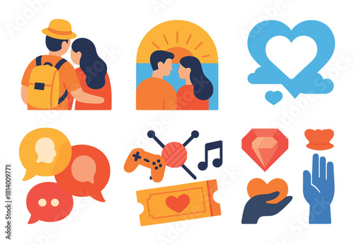 Colorful icons of couples, hearts, and hobbies in vibrant neon style