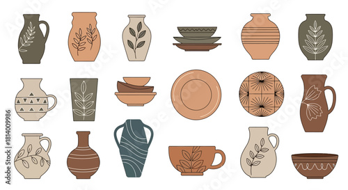 Assorted ceramic ware vases dishes bowls a cup in earth tones with botanical  geometric designs