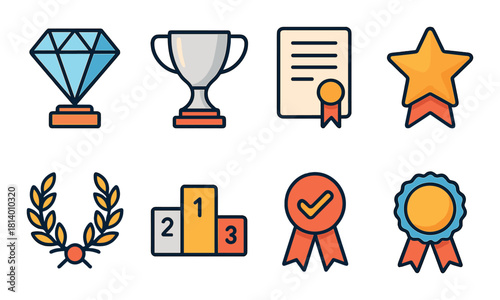 Set of achievement icons featuring trophies, medals, and certificates in vector style