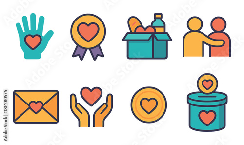Colorful charity and donation icons set with hearts and hands