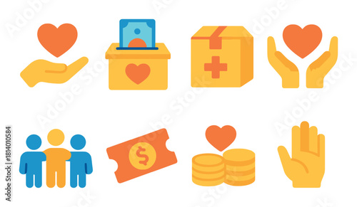Colorful charity symbols depicting donations and support concepts