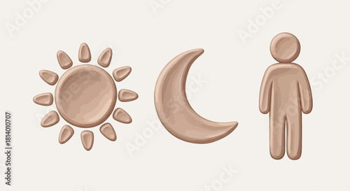 Tan sun crescent moon  person claylike effect on offwhite