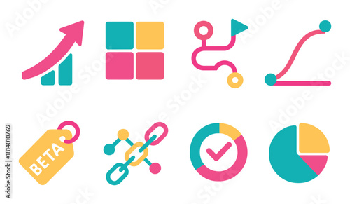 Colorful neon abstract icons on black background: data, charts, and analytics symbols