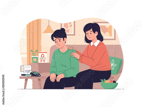 A supportive woman comforts a sad man sitting on a couch at home, offering empathy and care for his illness.