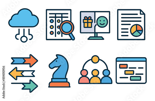 Cloud computing and business strategy icons with analytics and teamwork elements