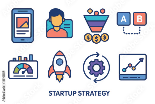 Startup strategy icons for business growth and analysis