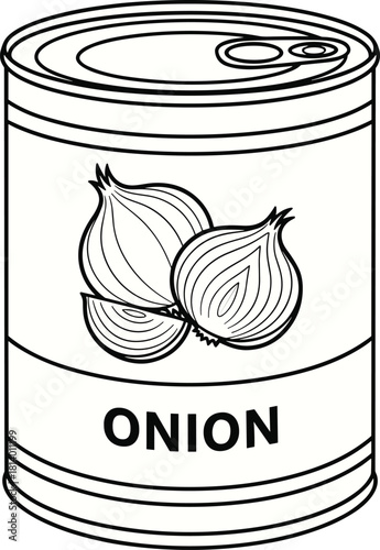Black and white onion food can vector illustration line art outline, canned vegetable container sketch design element isolated on white background