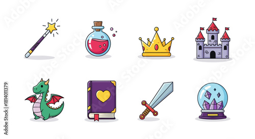 Cartoon magic icons set castle crown dragon sword and book elements