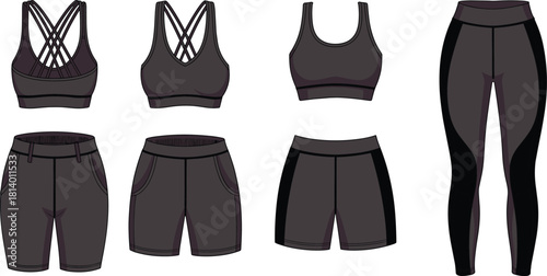 Women's activewear technical drawing set featuring sports bra, biker shorts and leggings vector illustration, fashion flat sketch isolated on white background for gym workout design