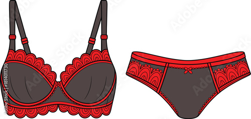 Women's lingerie set vector illustration featuring black bra and panties with red lace trim technical drawing fashion flat sketch isolated on white background