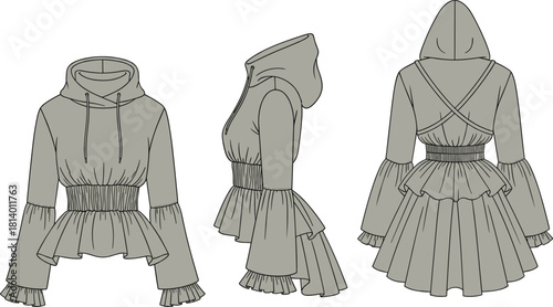 Women's fashion technical drawing hoodie blouse with ruffles peplum hem long sleeves cinched waist vector illustration flat sketch front side back views