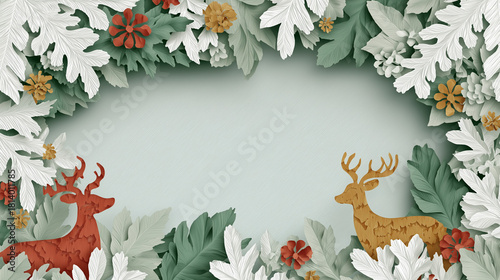 Elegant Holiday Deer Frame with Botanical Accents and Copy Space