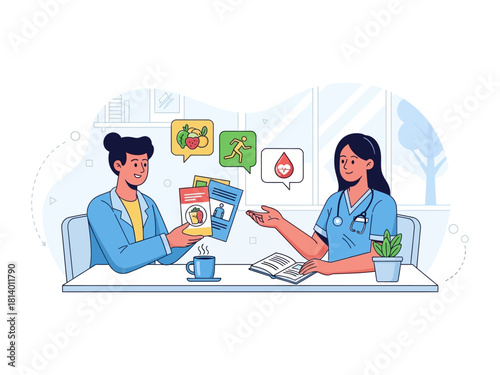 Two women, one a medical professional, discussing health and nutrition with informational brochures.