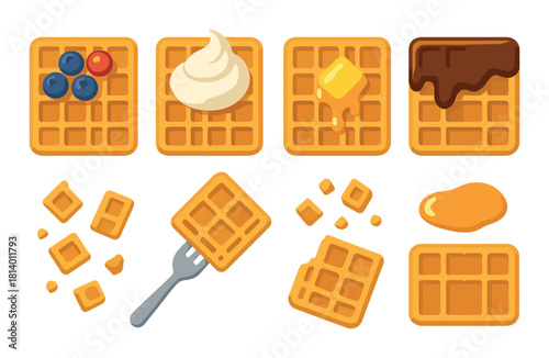 Delicious waffle toppings: berries, cream, butter, chocolate, and syrup