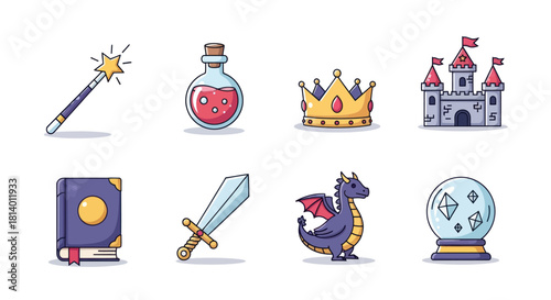 Cartoon magic elements collection wand potion crown castle book