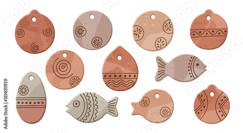 A collection of ten clay pendants in various shapes and patterns