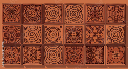 Array of terracotta tiles with unique stylized floral and spiral designs
