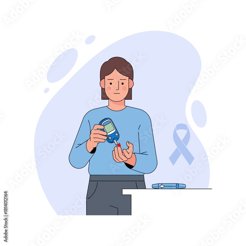Illustration of a person checking blood sugar levels with a glucose meter.