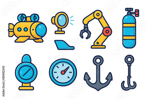 Colorful nautical icons: submarine, robotic arm, anchor, diving equipment