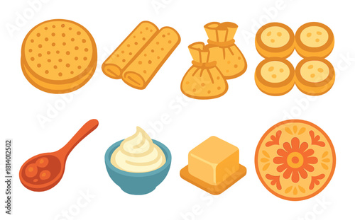 Traditional pancake varieties with condiments and plate top view