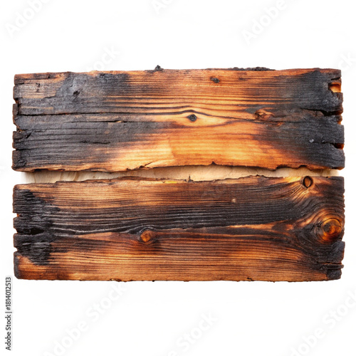 Two pieces of burnt wood planks with a rough texture and dark charred edges
