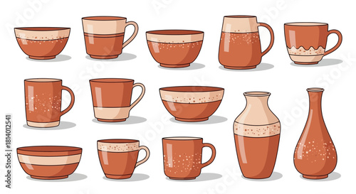 Assorted terracotta bowls mugs  vases with light accents arranged on a white background