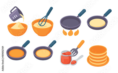Step-by-step pancake cooking process with illustrative kitchen utensils and ingredients