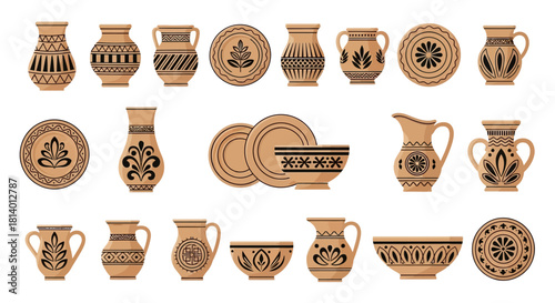 Assorted pottery plates bowls pitchers and vases with ethnicstyle black designs