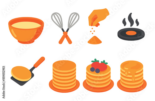 Steps to perfect pancakes: mixing, cooking, and topping illustrated