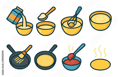 Step-by-step pancake preparation: mixing, cooking, and serving