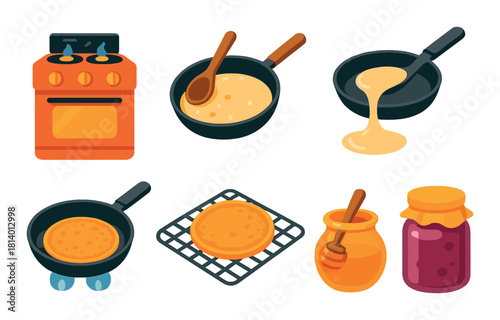 Illustrated cooking set with pancakes, stove, and honey jars