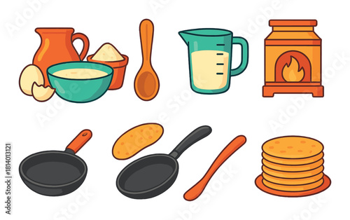 Pancake cooking ingredients and utensils illustration with stove
