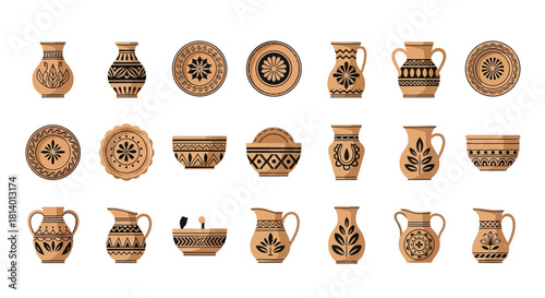Collection of clay pots plates and bowls with varied black patterns arranged neatly on a white background