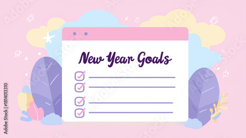 Whimsical New Year Resolutions Checklist with Dreamy Pastel Colors and Elements