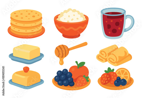 Breakfast variety with biscuits, rice, coffee, butter, honey, and fruit