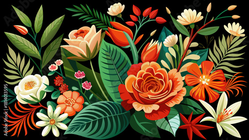 Very beautiful vibrant arrangement of various flowering plants and foliage, featuring lush green leaves and bright red, orange, and cream flowers against a black background, creating a striking contra