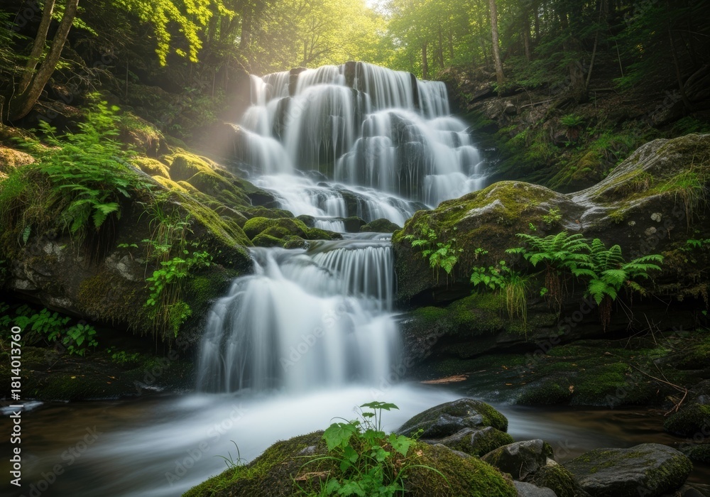 Fototapeta premium Waterfall Cascading into a Lush Green Tropical Forest Pond