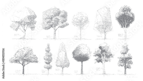 Collection of ten diverse grey stippled trees with varied shapes and sizes on a white background nature