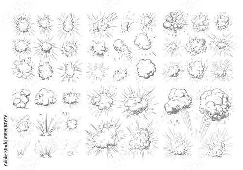 Collection of hand drawn comic book style explosion and burst graphic elements in grey tones bomb blast