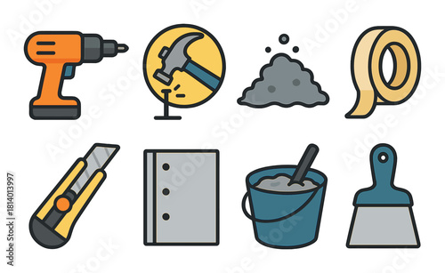 Diverse construction tools icons including drill, hammer, tape, utility knife, and paint brush