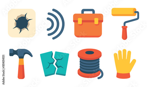 Colorful icon set of construction tools and repair equipment