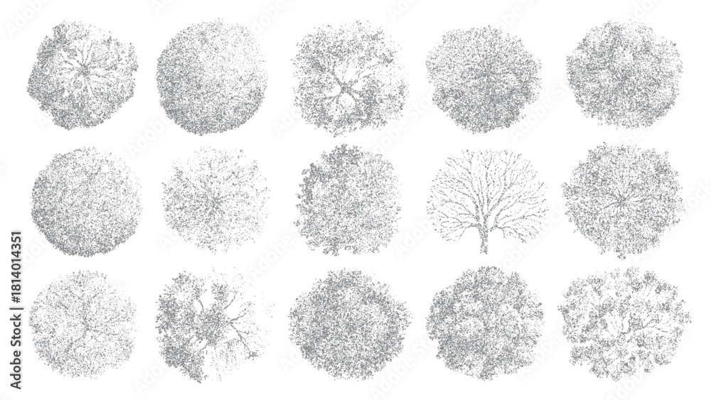 Naklejka premium Fifteen top down view illustrations of various trees rendered in grey stippling on a white background