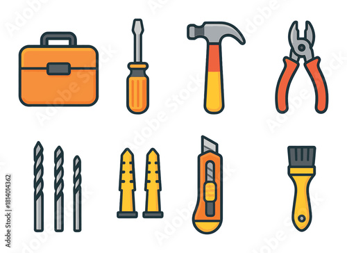Colorful vector icons of tools including hammer, screwdriver, and drill bits on brown background