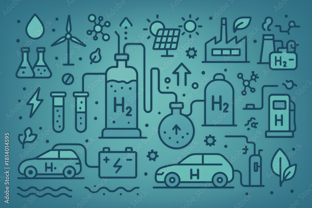 Fototapeta premium Hydrogen energy ecosystem illustrating sustainable technology innovations including research laboratory tools electric vehicles and renewable resources driving future mobility solutions