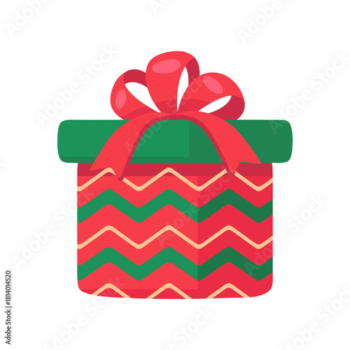 Festive Christmas Gift Box with Red Bow and Green Zigzag Pattern