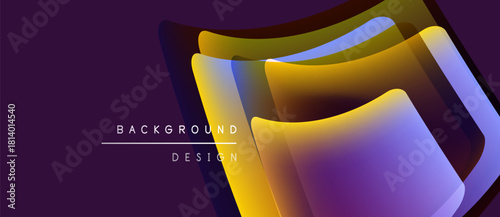 Abstract layers create dynamic visual effect. Purple background contrasts vibrant yellow, blue hues. Modern design element.