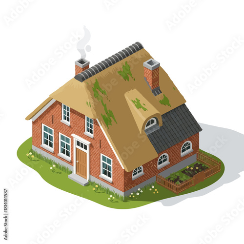 Isometric Illustration of a Quaint Country House with Thatched Roof